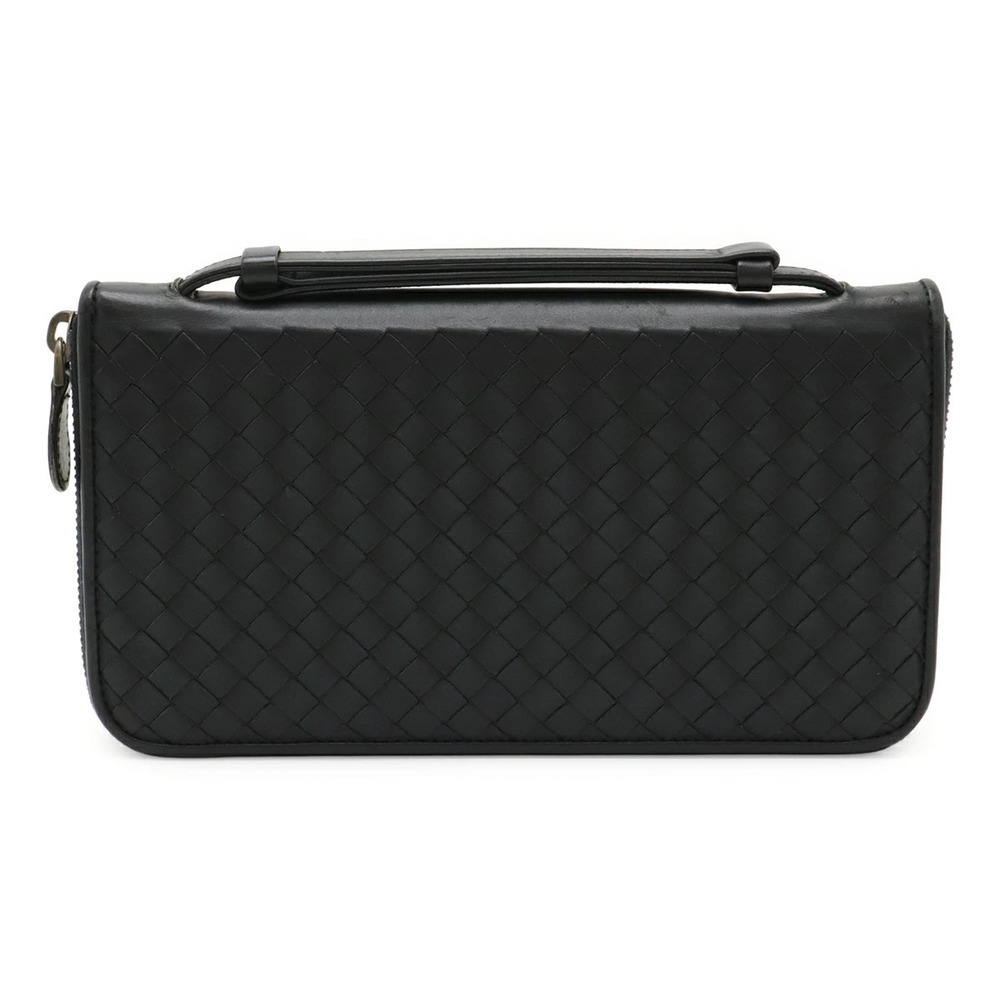 BOTTEGA VENETA Intrecciato Round Zip Long Wallet Travel Case Leather Black